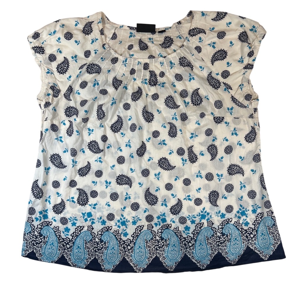Avenue Womens Plus 18/20 Blue White Paisley Cotton Pleated Scoop Neck Blouse Top